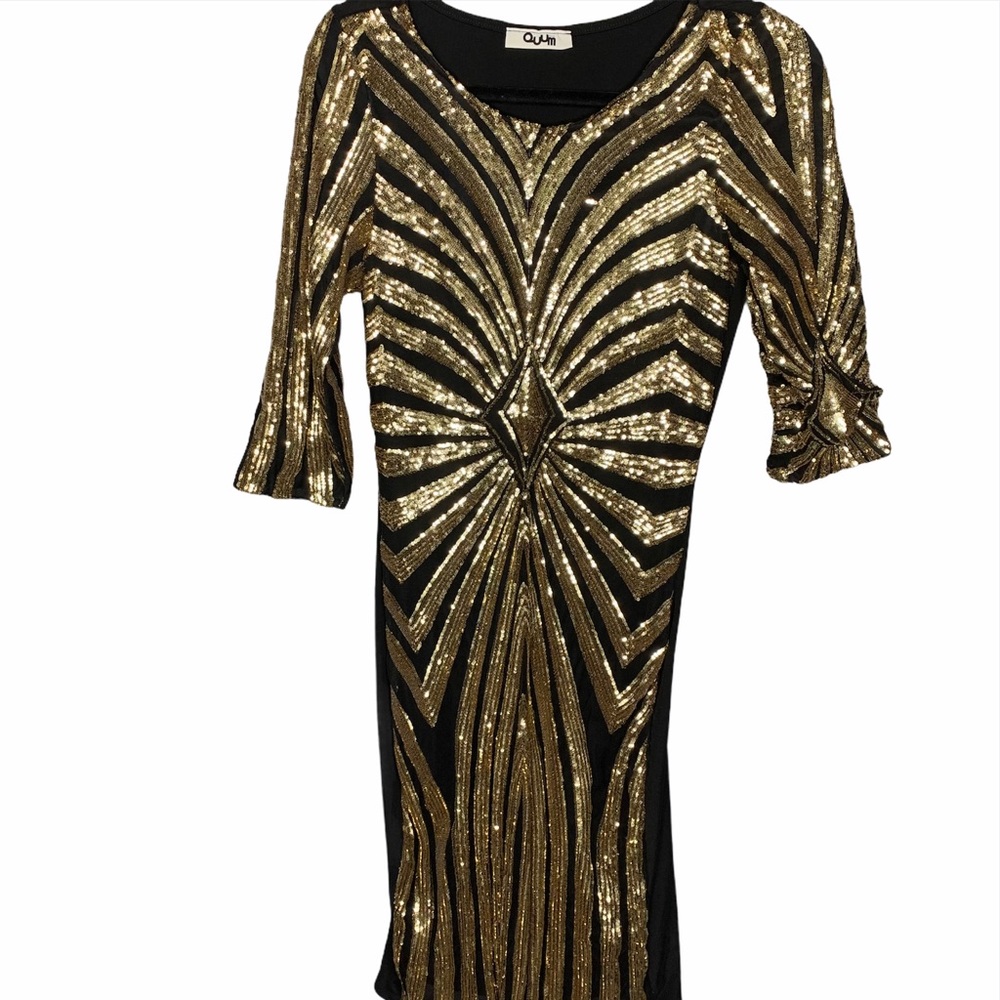 QUUM Gold & Black Gatsby-Themed Bodycon Midi Dress